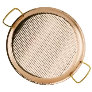 Old Dutch 11 in. 2 PLY Solid Copper / Stainless Steel Embossed Pattern Base Flat Tray with Brass Handles